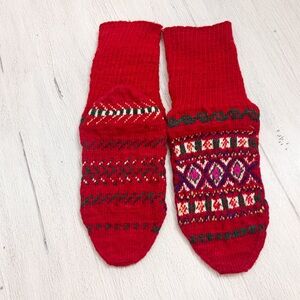 Hand-Knitted Heavy Wool Socks Nordic Pattern Fair Isle Red Multi Cozy Winter OS